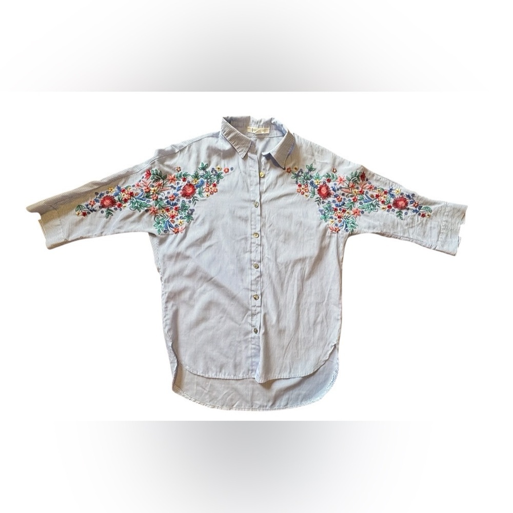 NYLON APPAREL women's embroidered striped button up blouse in blue - Picture 6 of 7